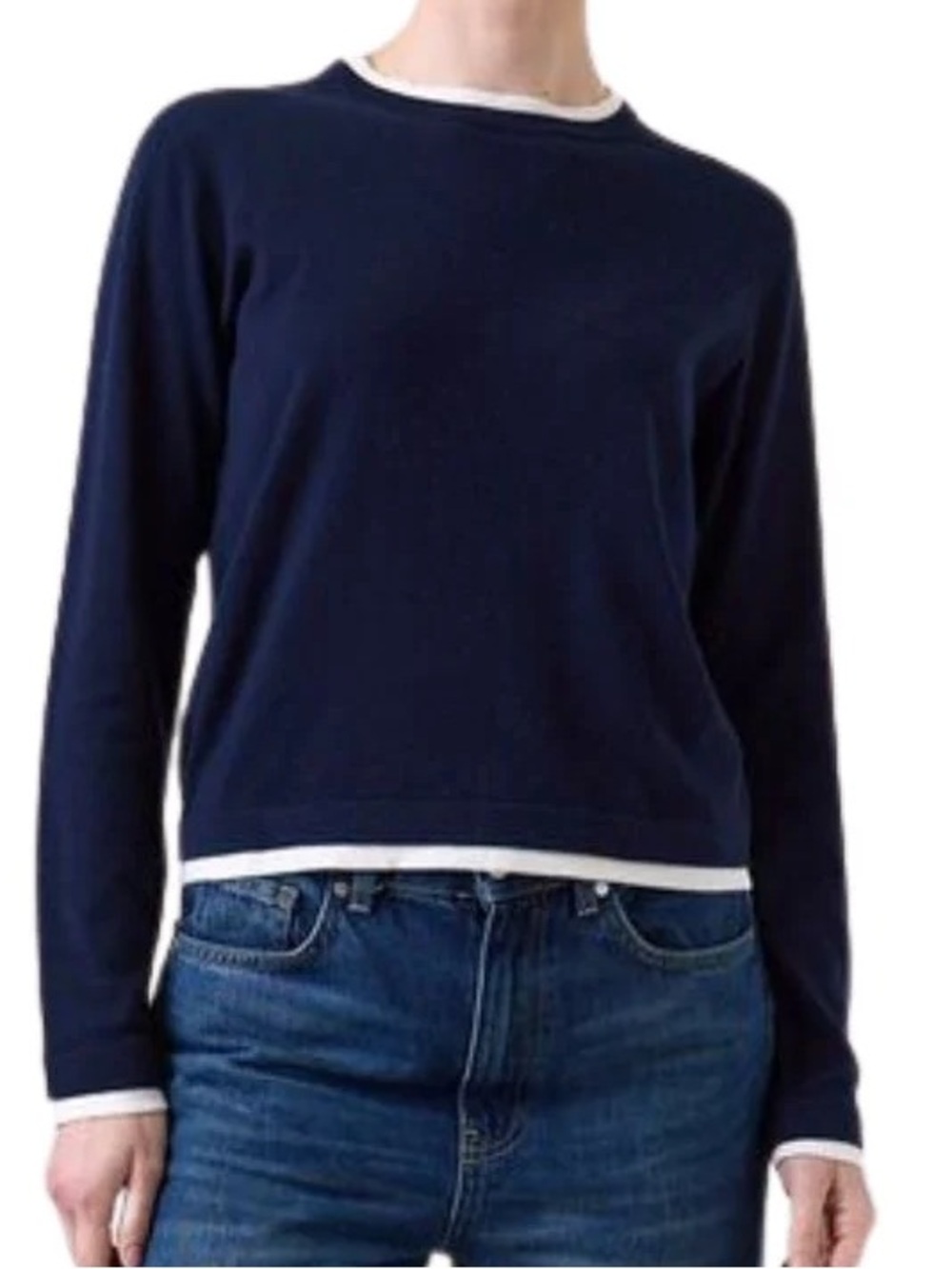 French Connection Double Contrast Trim Crew Neck Sweater Size Medium Navy Blue